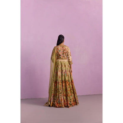 KALISTA Adhira Multi-coloured Floral Embellished Anarkali with Dupatta (Set of 2)