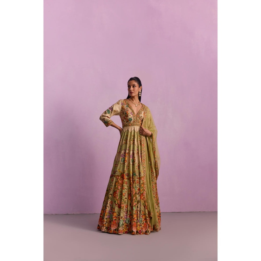 KALISTA Adhira Multi-coloured Floral Embellished Anarkali with Dupatta (Set of 2)