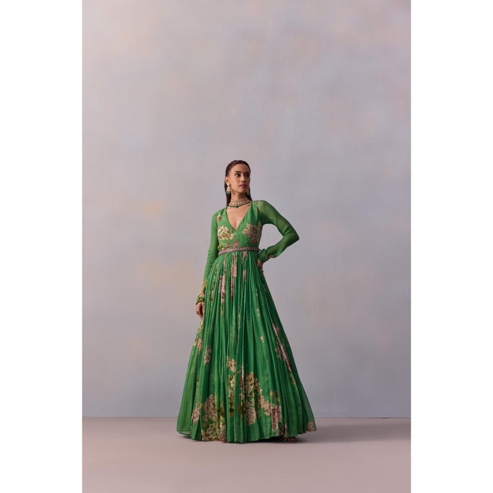KALISTA Maira Forest Green Floral Embellished Anarkali with Belt (Set of 2)