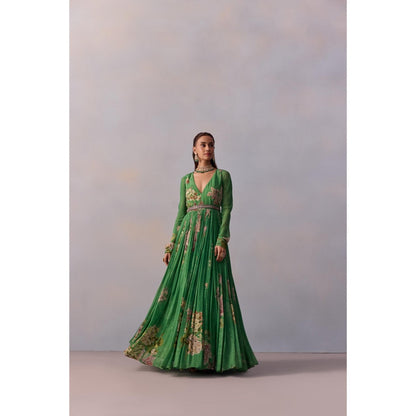 KALISTA Maira Forest Green Floral Embellished Anarkali with Belt (Set of 2)