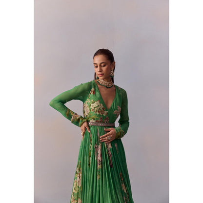 KALISTA Maira Forest Green Floral Embellished Anarkali with Belt (Set of 2)