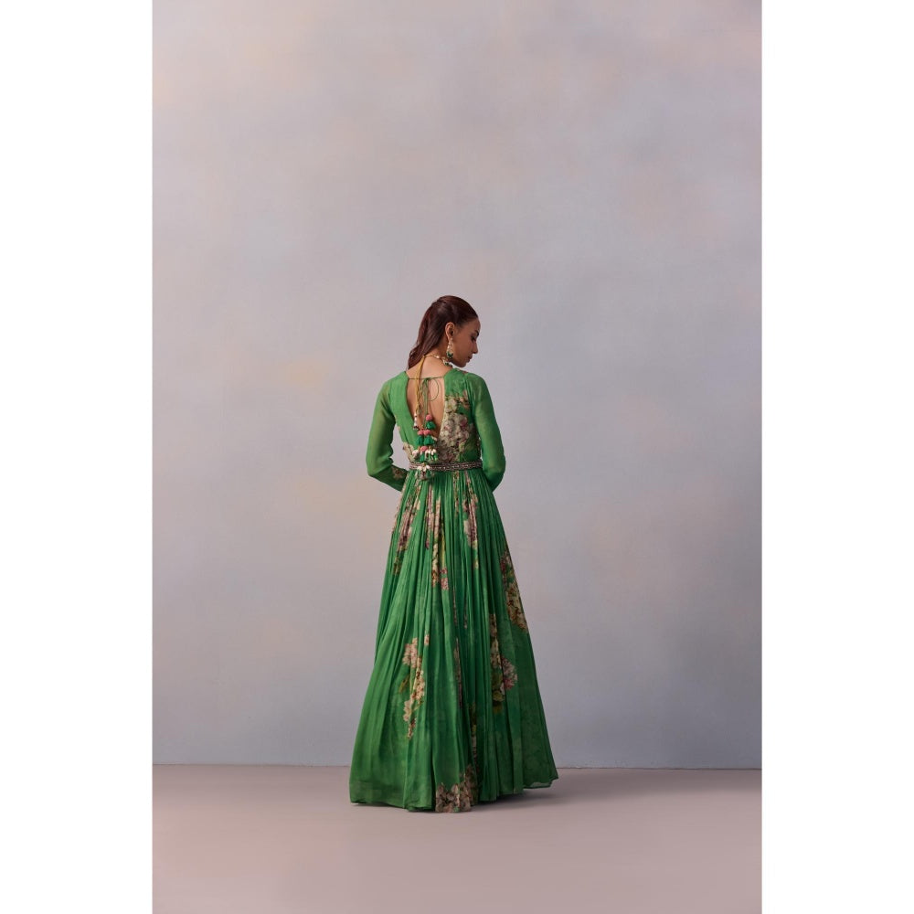 KALISTA Maira Forest Green Floral Embellished Anarkali with Belt (Set of 2)