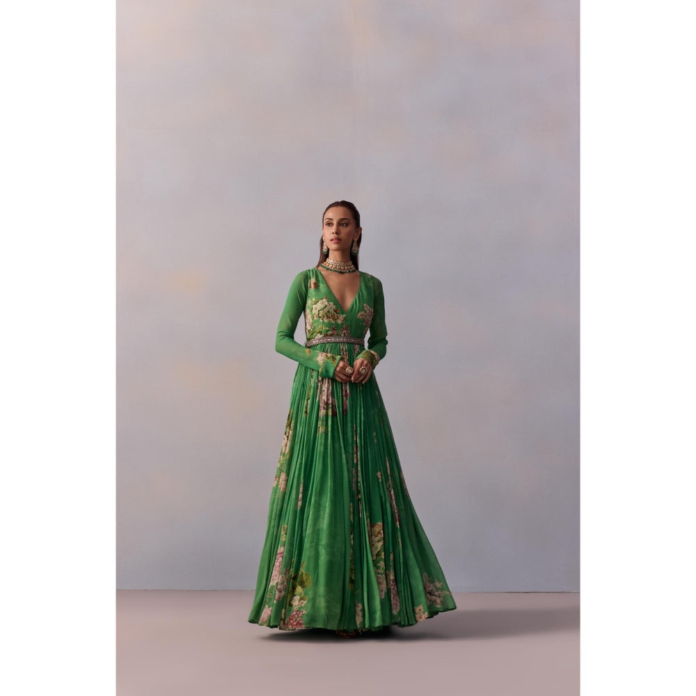 KALISTA Maira Forest Green Floral Embellished Anarkali with Belt (Set of 2)