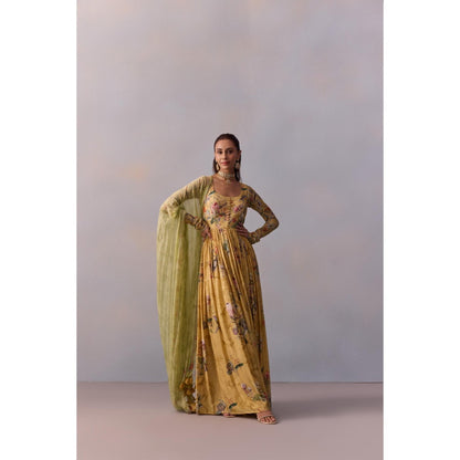 KALISTA Pavika Lemon Yellow Floral Embellished Anarkali with Dupatta (Set of 2)