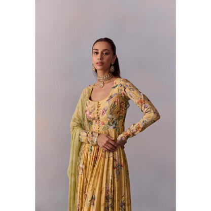 KALISTA Pavika Lemon Yellow Floral Embellished Anarkali with Dupatta (Set of 2)
