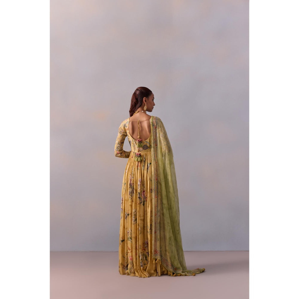 KALISTA Pavika Lemon Yellow Floral Embellished Anarkali with Dupatta (Set of 2)