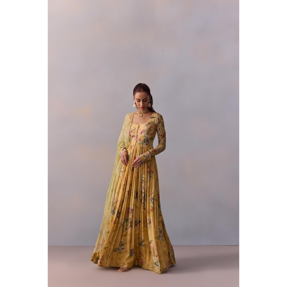 KALISTA Pavika Lemon Yellow Floral Embellished Anarkali with Dupatta (Set of 2)