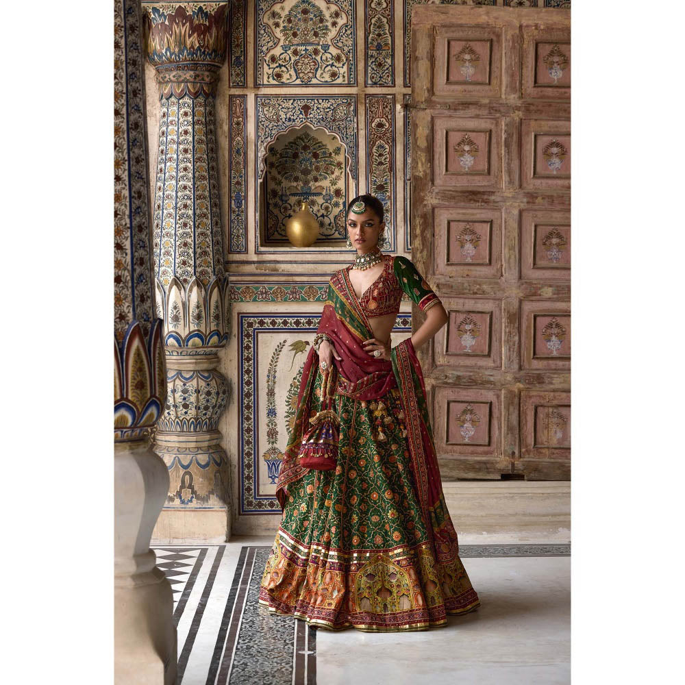 KALISTA Green Sameera Lehenga with Blouse and Dupatta (Set of 3)