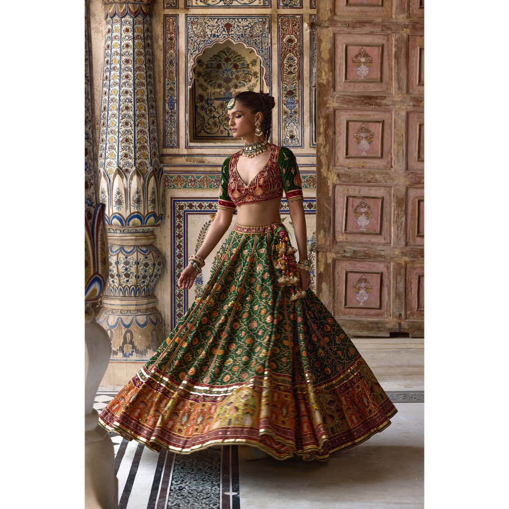 KALISTA Green Sameera Lehenga with Blouse and Dupatta (Set of 3)