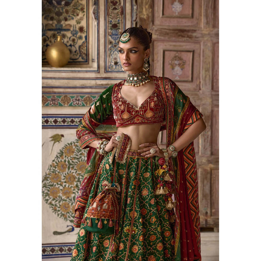 KALISTA Green Sameera Lehenga with Blouse and Dupatta (Set of 3)
