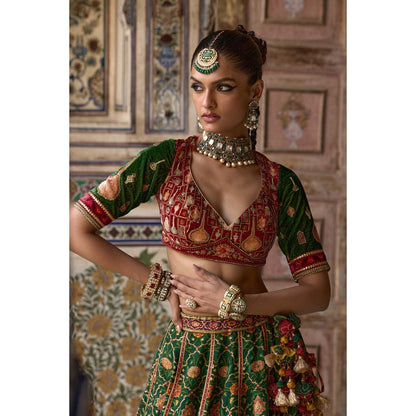 KALISTA Green Sameera Lehenga with Blouse and Dupatta (Set of 3)