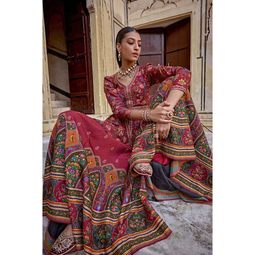 KALISTA Red Amber Palazzo with Peplum Top and Belt (Set of 2)