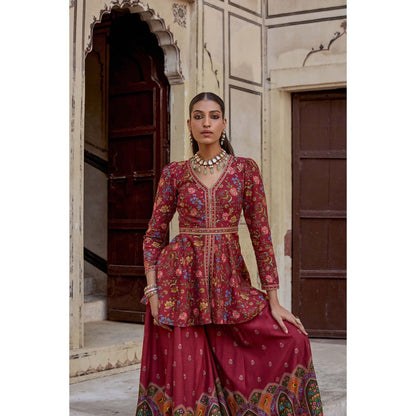 KALISTA Red Amber Palazzo with Peplum Top and Belt (Set of 2)