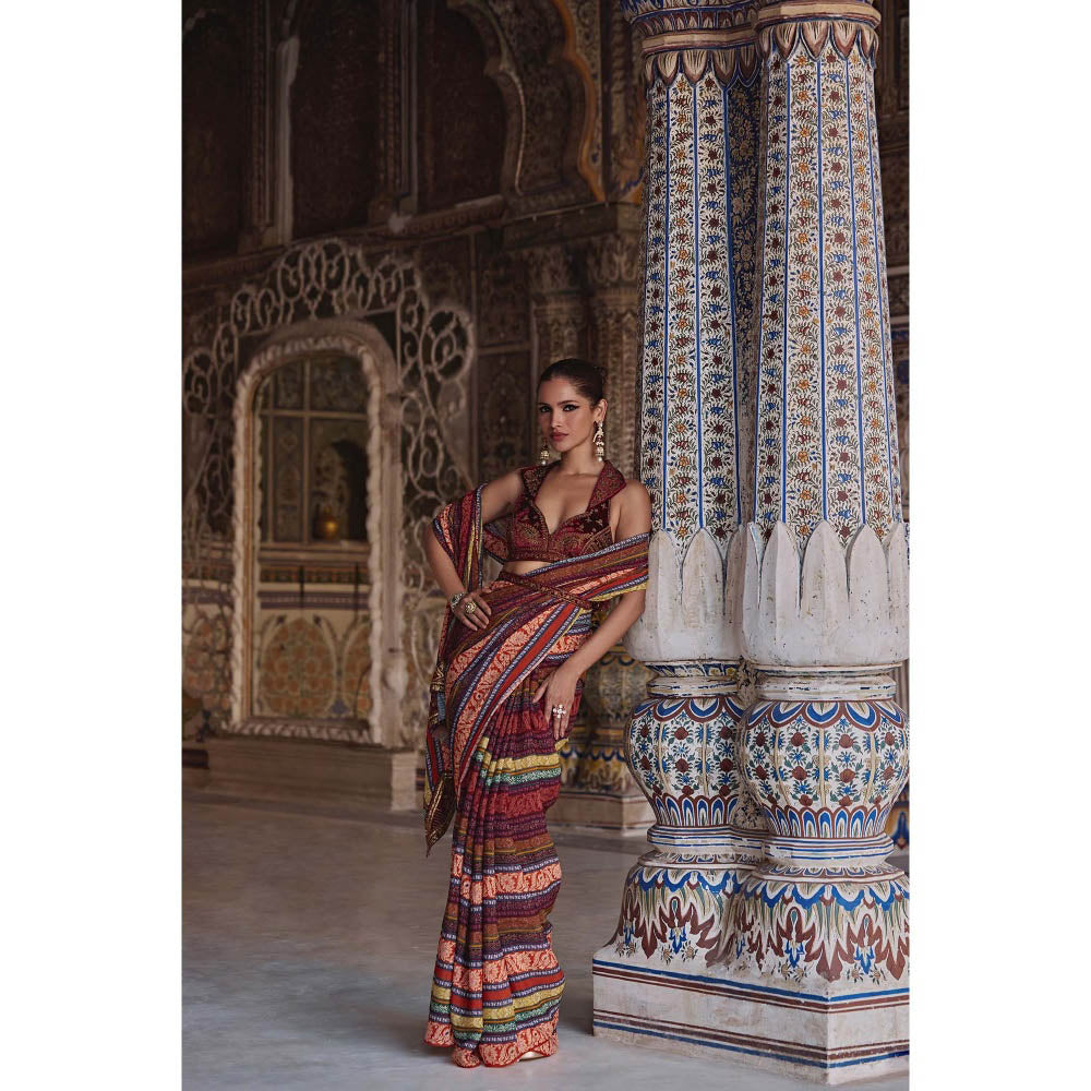 KALISTA Maroon Inara Saree with Stitched Blouse and Belt