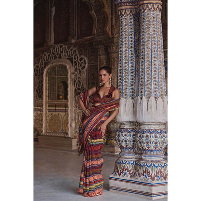 KALISTA Maroon Inara Saree with Stitched Blouse and Belt