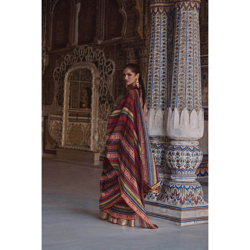 KALISTA Maroon Inara Saree with Stitched Blouse and Belt