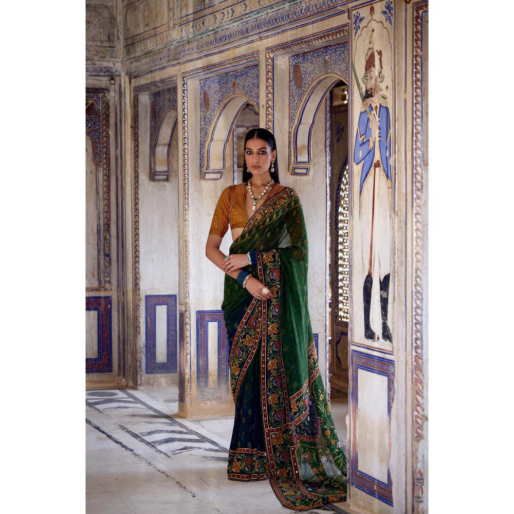 KALISTA Green Aarne Saree with Stitched Blouse