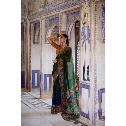 KALISTA Green Aarne Saree with Stitched Blouse