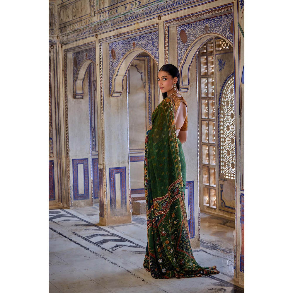 KALISTA Green Aarne Saree with Stitched Blouse