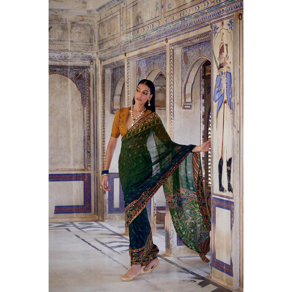 KALISTA Green Aarne Saree with Stitched Blouse