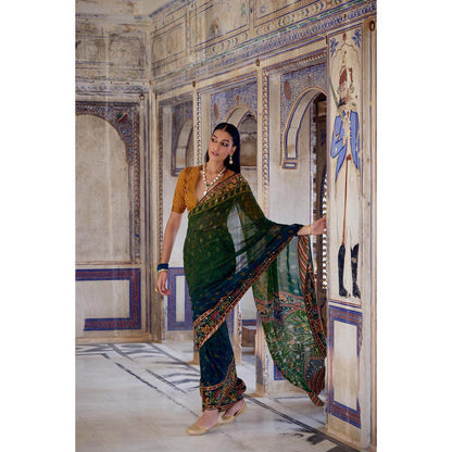 KALISTA Green Aarne Saree with Stitched Blouse