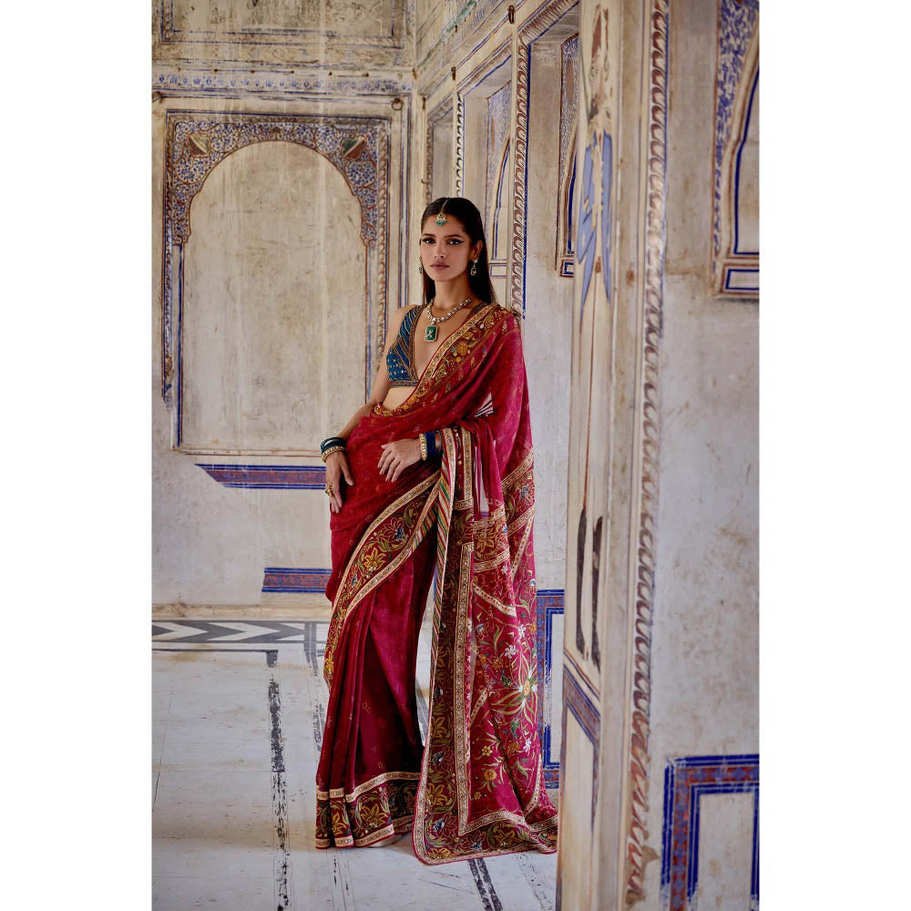 KALISTA Red Chhaya Saree with Stitched Blouse