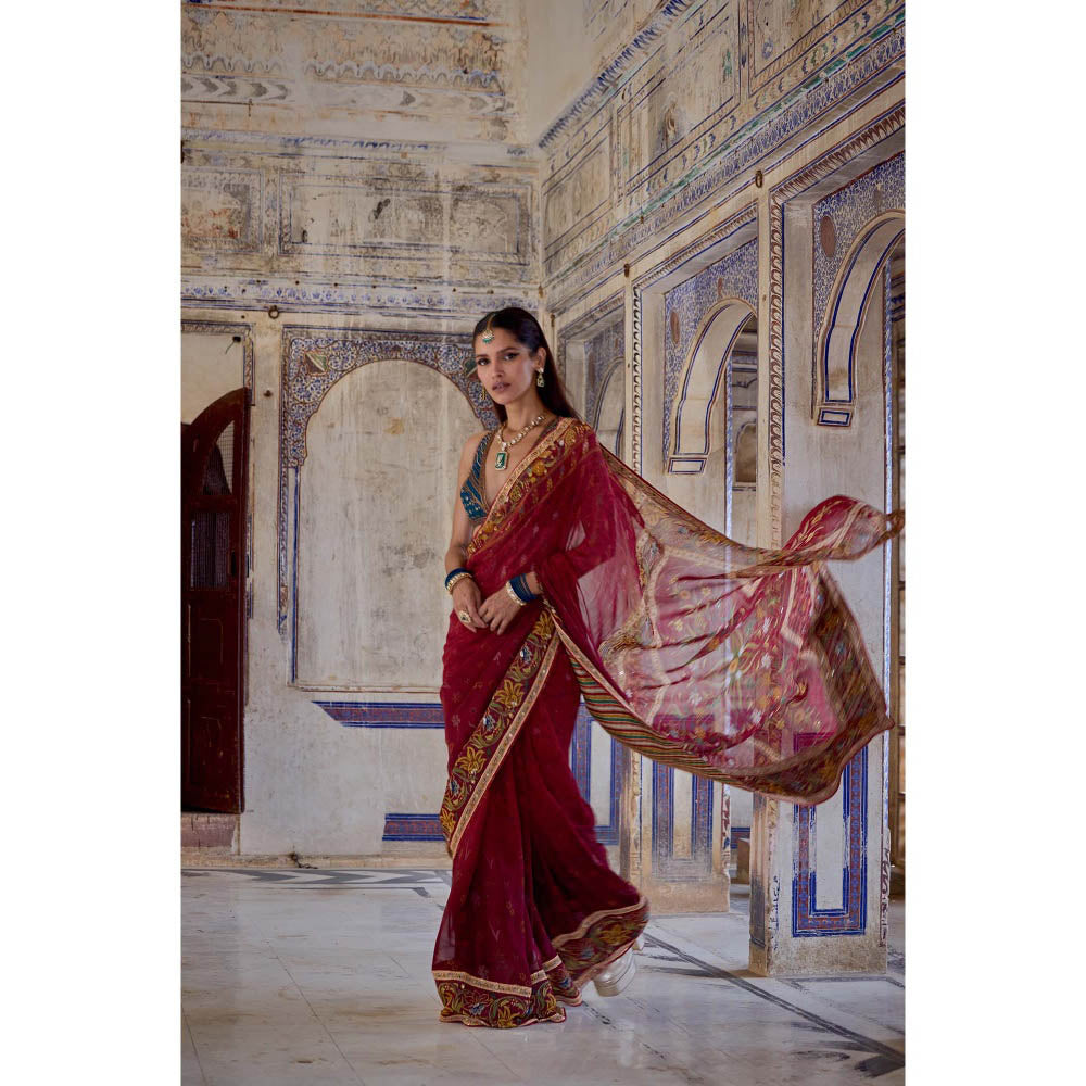 KALISTA Red Chhaya Saree with Stitched Blouse