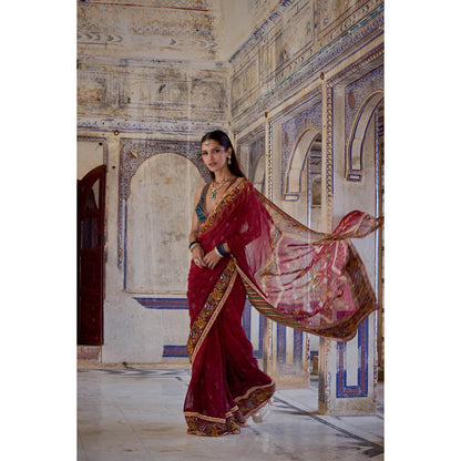KALISTA Red Chhaya Saree with Stitched Blouse