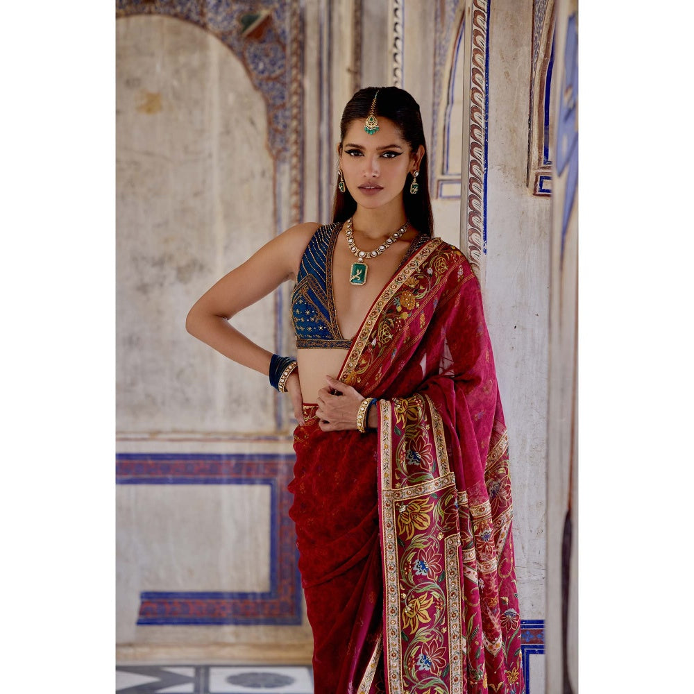 KALISTA Red Chhaya Saree with Stitched Blouse