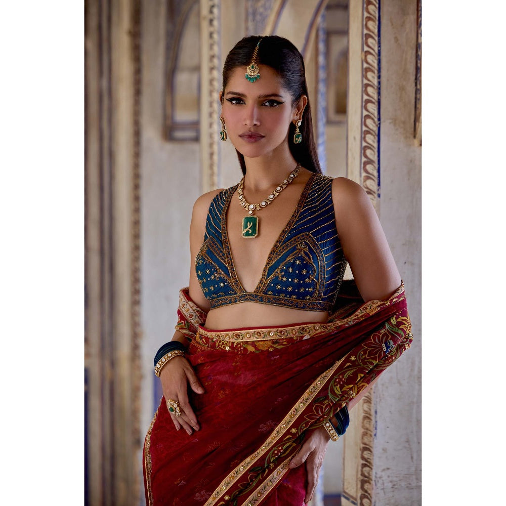 KALISTA Red Chhaya Saree with Stitched Blouse