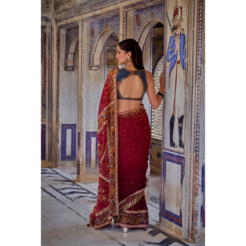KALISTA Red Chhaya Saree with Stitched Blouse