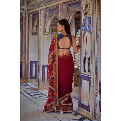 KALISTA Red Chhaya Saree with Stitched Blouse