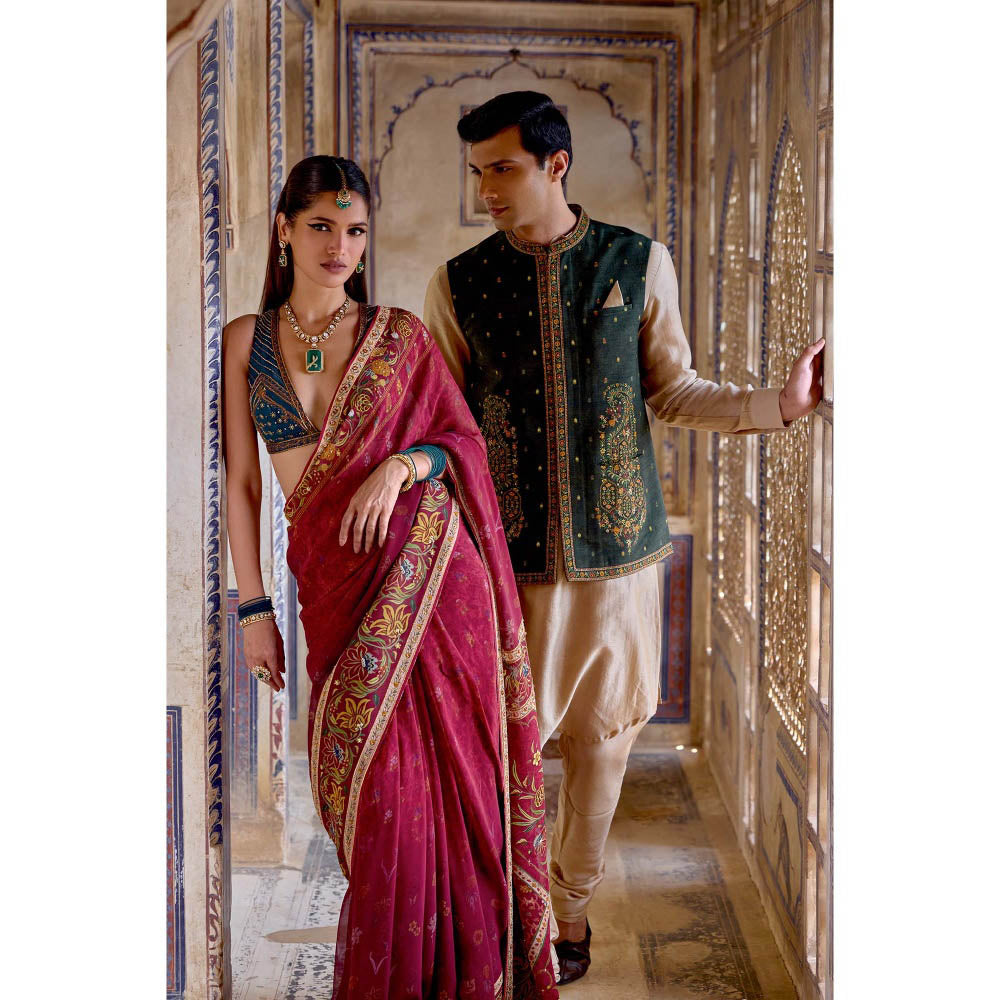 KALISTA Red Chhaya Saree with Stitched Blouse