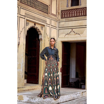 KALISTA Navy Blue Misba Skirt with Shirt and Belt (Set of 3)