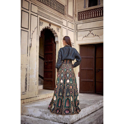 KALISTA Navy Blue Misba Skirt with Shirt and Belt (Set of 3)