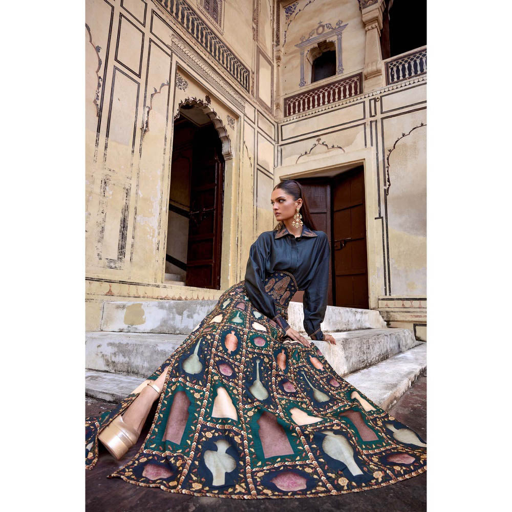 KALISTA Navy Blue Misba Skirt with Shirt and Belt (Set of 3)