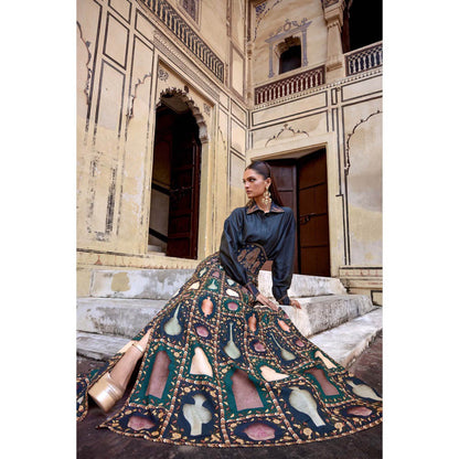 KALISTA Navy Blue Misba Skirt with Shirt and Belt (Set of 3)