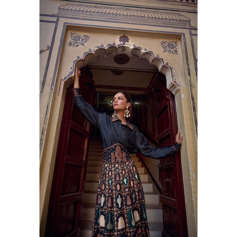 KALISTA Navy Blue Misba Skirt with Shirt and Belt (Set of 3)