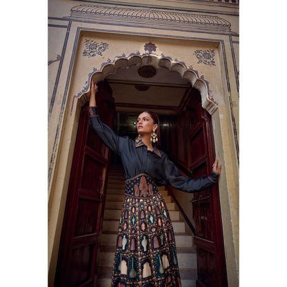 KALISTA Navy Blue Misba Skirt with Shirt and Belt (Set of 3)