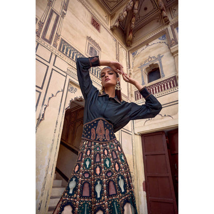 KALISTA Navy Blue Misba Skirt with Shirt and Belt (Set of 3)