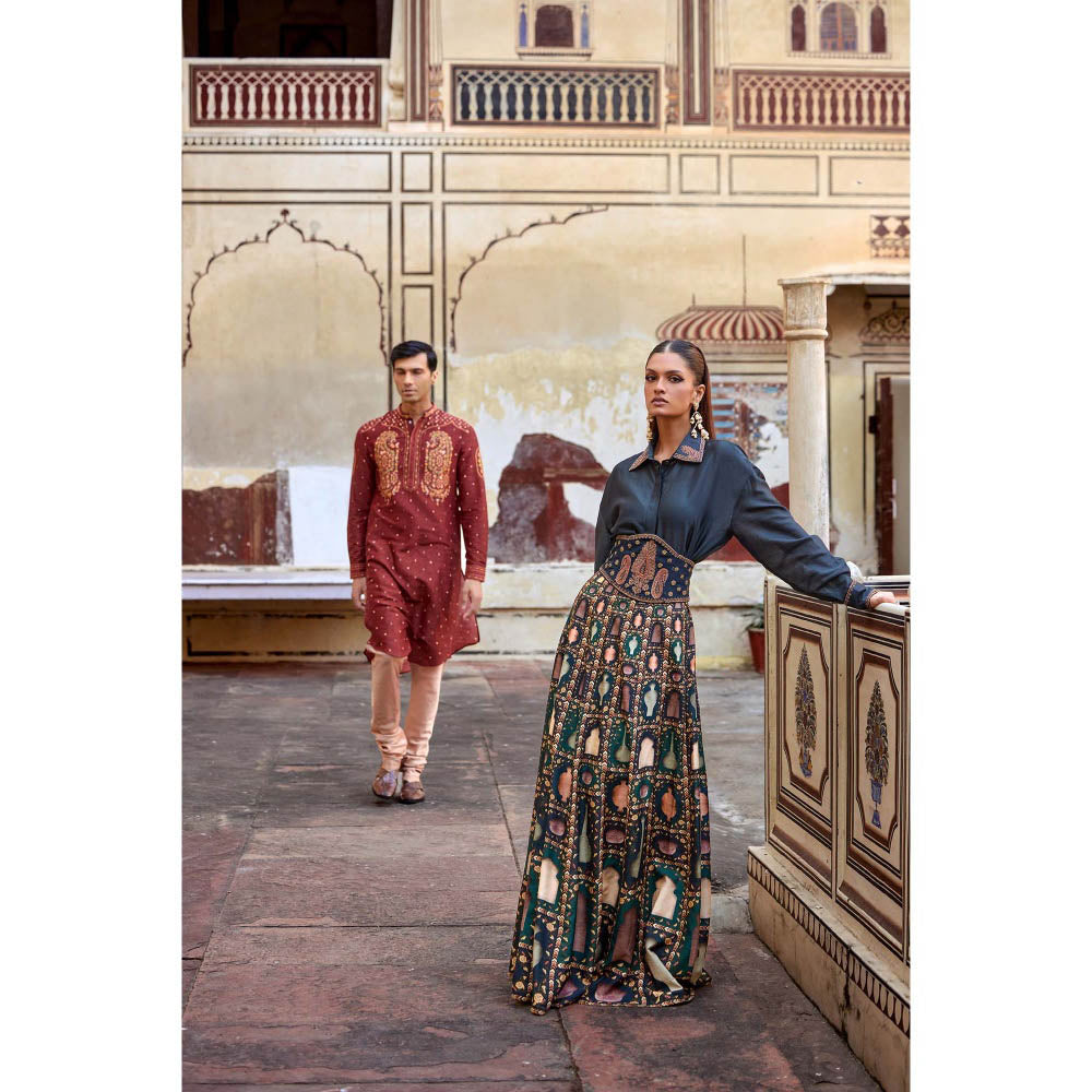 KALISTA Navy Blue Misba Skirt with Shirt and Belt (Set of 3)