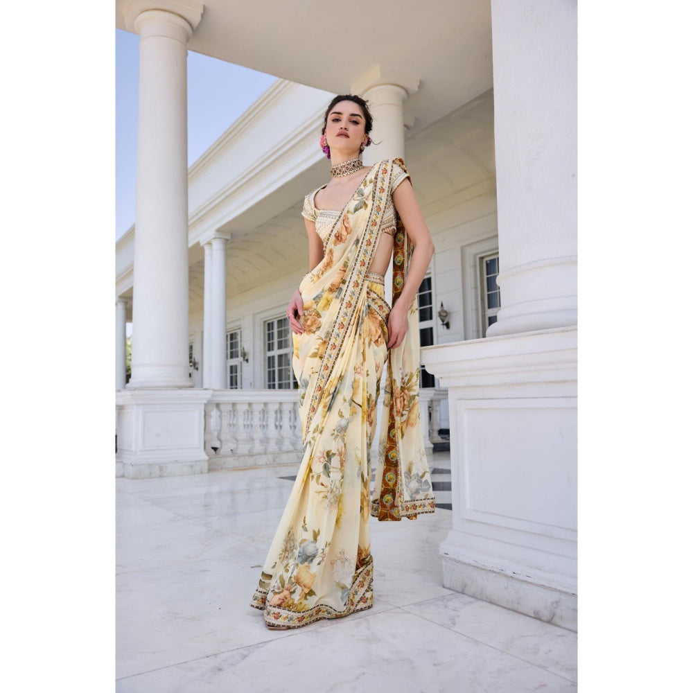 KALISTA Yellow Draped Saree with Stitched Blouse