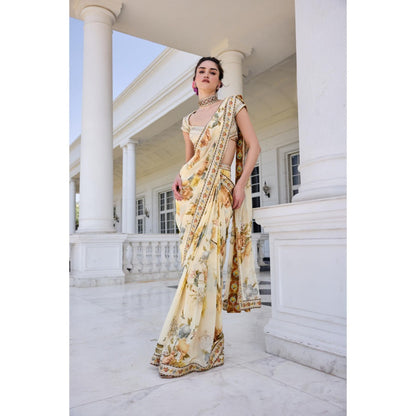 KALISTA Yellow Draped Saree with Stitched Blouse