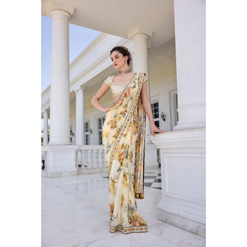 KALISTA Yellow Draped Saree with Stitched Blouse