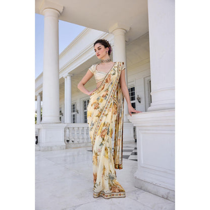 KALISTA Yellow Draped Saree with Stitched Blouse