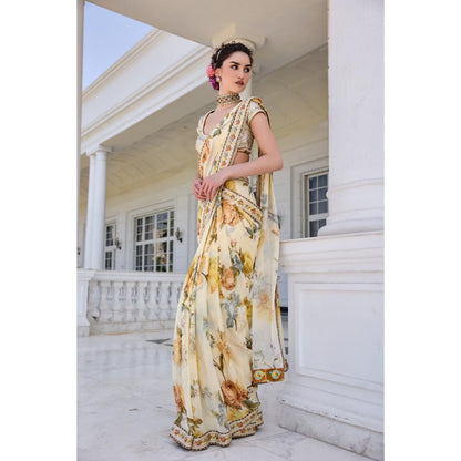 KALISTA Yellow Draped Saree with Stitched Blouse