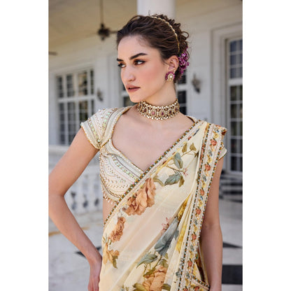 KALISTA Yellow Draped Saree with Stitched Blouse