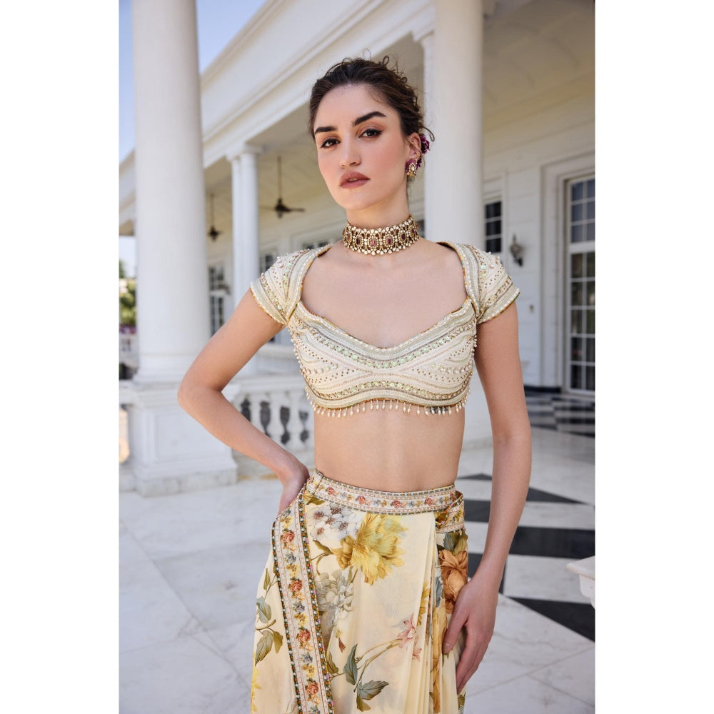 KALISTA Yellow Draped Saree with Stitched Blouse