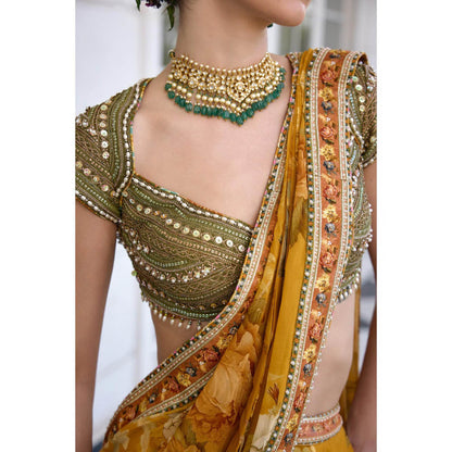 KALISTA Yellow Draped Saree with Stitched Blouse