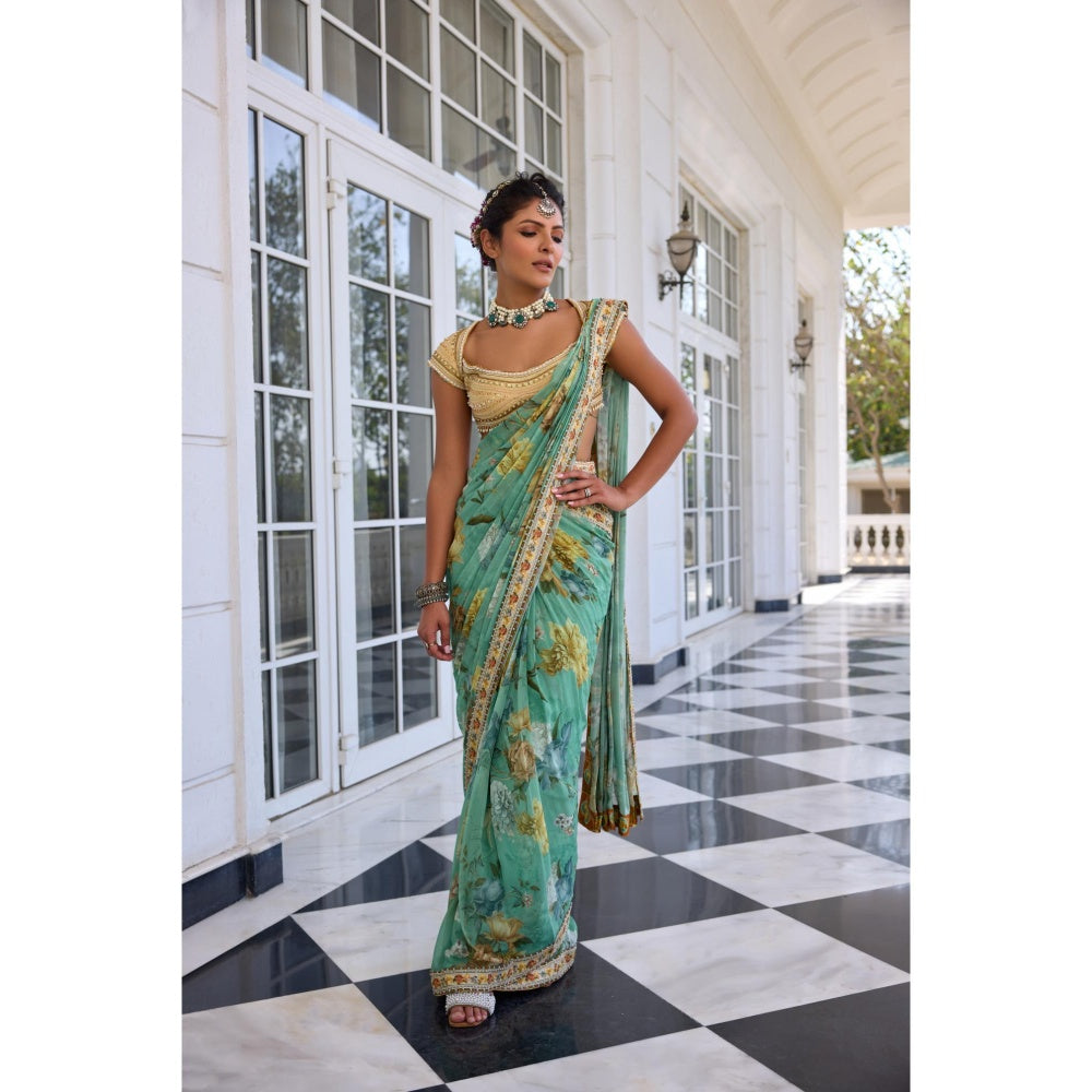 KALISTA Green Draped Saree with Stitched Blouse